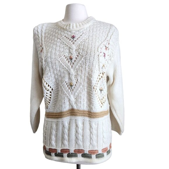 Vintage LSF Style Sweater M/L High Neck‎ Lace Stiches Floral Cottagecore Sweater - Picture 1 of 16